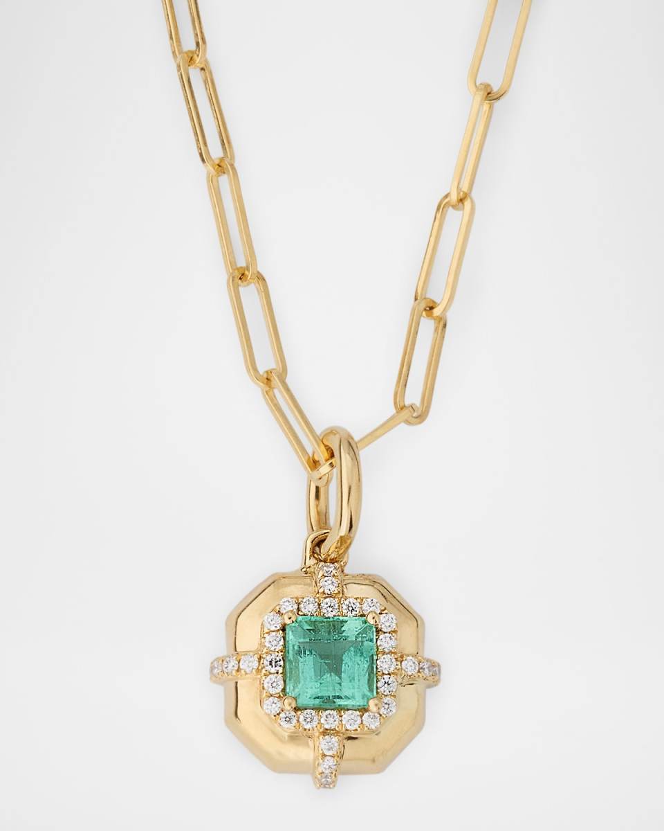 18K Yellow Gold G-Classics 4mm Assher-Cut Emerald Pendant Necklace with Diamonds